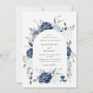Convite casal floral elegante, azul empoeirado