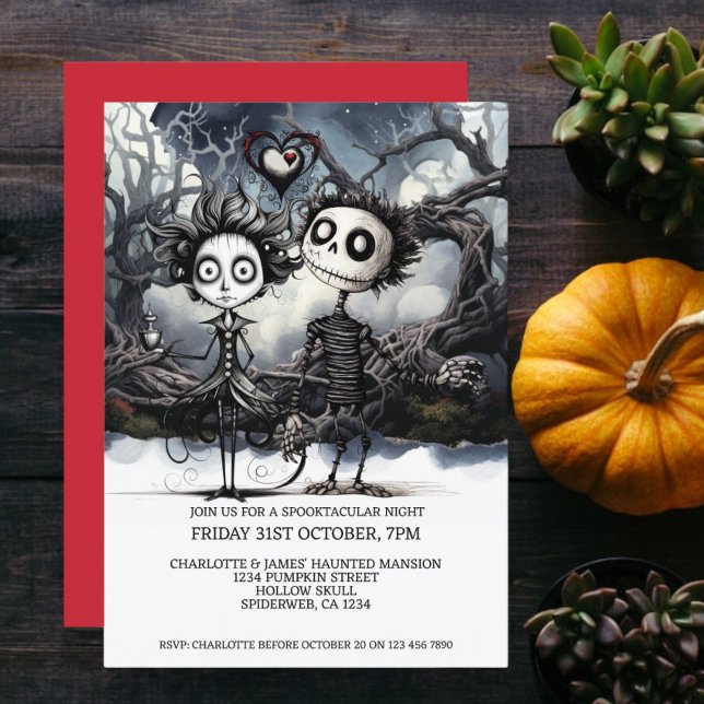Convite Casal Gótico Assustador Do Halloween Em Woods (Halloween Scary Gothic Couple In Woods Invitation from Ricaso. A creepy but cute couple at Halloween)