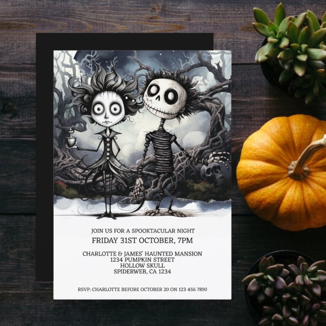 Convite Casal Gótico Assustador Do Halloween Em Woods (Halloween Scary Gothic Couple In Woods Invitation from Ricaso. A creepy but cute couple at Halloween)