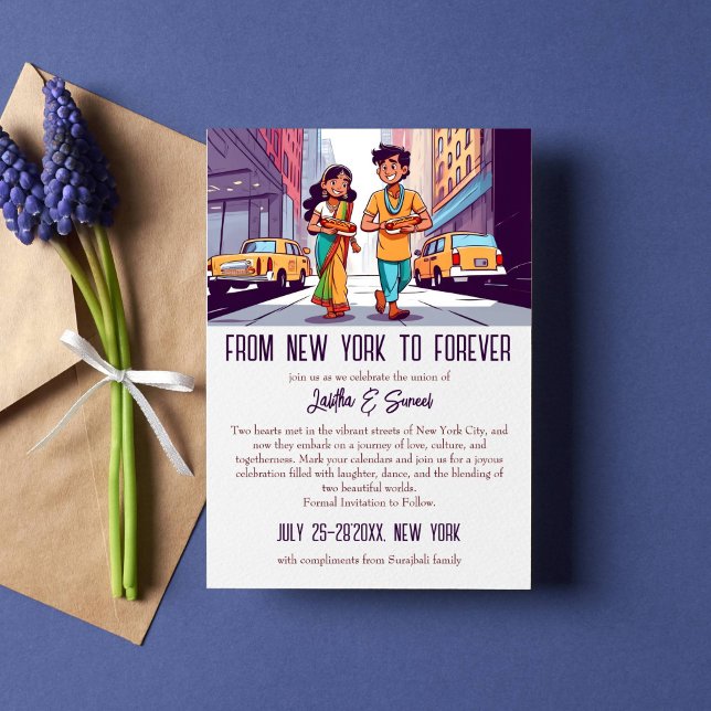 Convite Casal índio em Nova York engraçado salvar a data (Indian wedding funny save the date template invitation couple with hot dogs in street of New York)