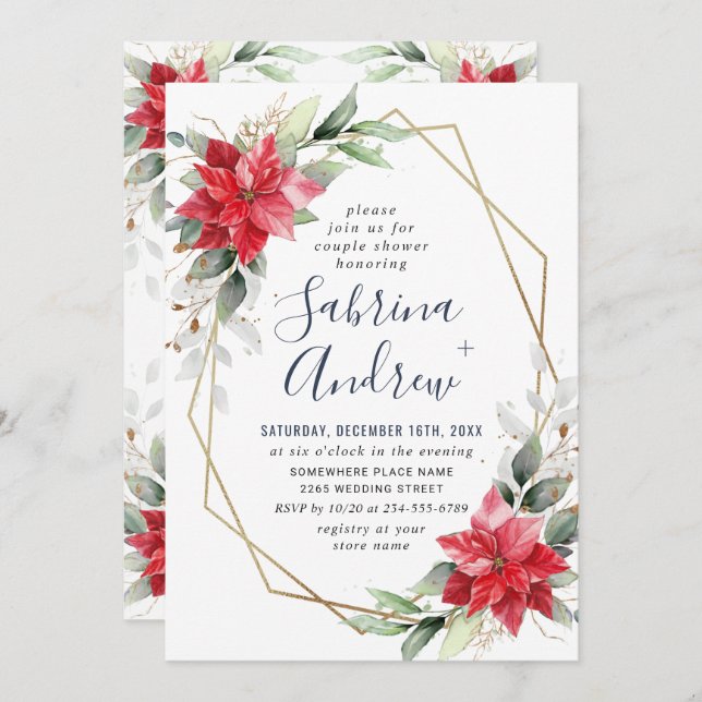 Convite Casal Invernal Elegante Poinsettia Winter Floral C (Frente/Verso)
