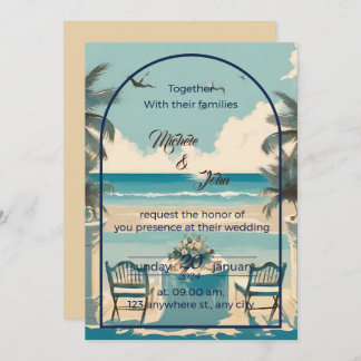 Convite Casal na praia azul com gaivotas