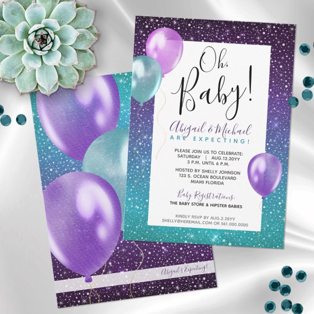 Convite Casal ou Chá de fraldas de Noite Estrelada Roxo (Our Purple Starry Night Baby Shower Invitations are Gender Neutral and a Super-fun Party Theme! )
