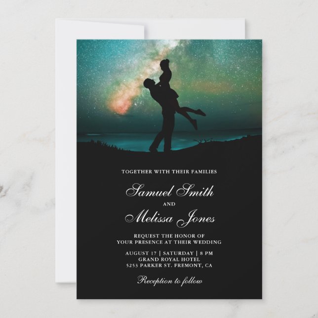 Convite Casal Romântico de Casamento Galáxia Verde Turques (Frente)
