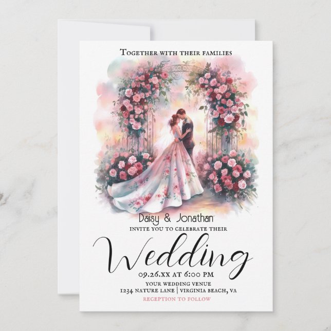 Convite casal romântico sob o casamento do arco floral (Frente)