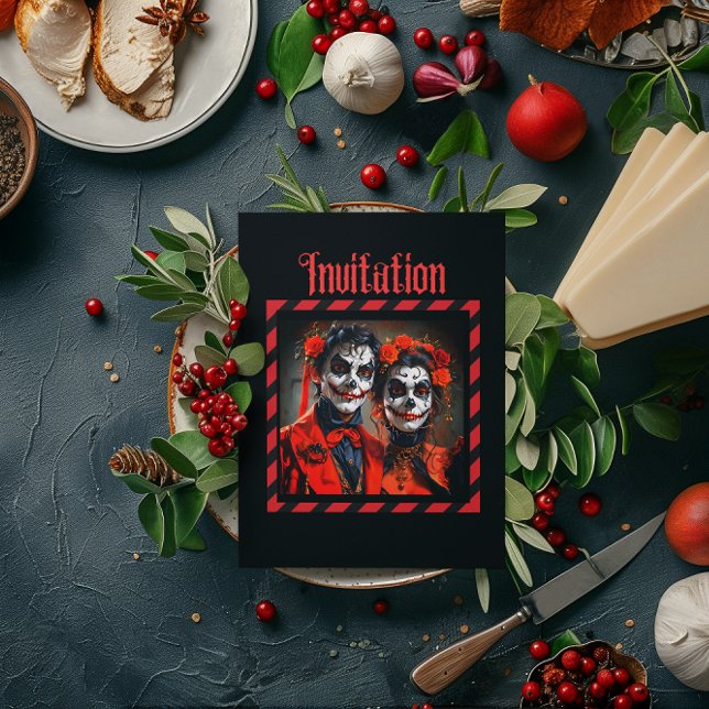 Convite Casal vermelho e preto Caricatura Dia de los Muert (Criador carregado)