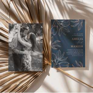 Convite Casamento 1 Foto Azul Chic e Folhagem Dourado Rosa
