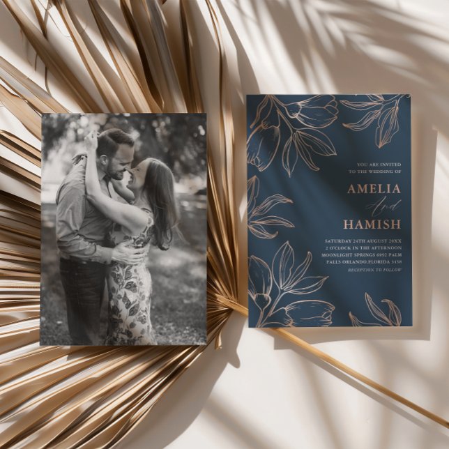 Convite Casamento 1 Foto Azul Chic e Folhagem Dourado Rosa (Criador carregado)