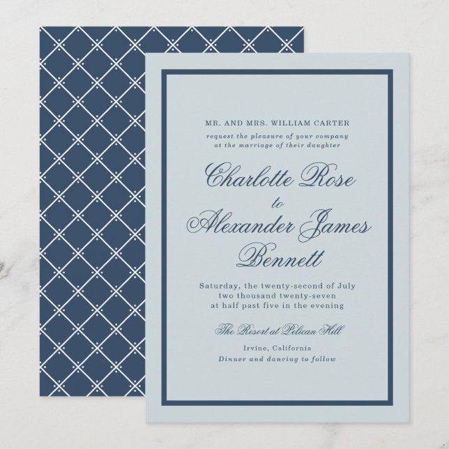 Convite Casamento à Beira-Mar Azul Desbotado Roteiro Cláss (Frente/Verso)