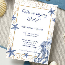 Convite Casamento à Beira-Mar Azul Naval Dourado