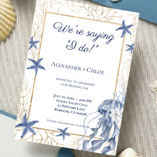 Convite Casamento à Beira-Mar Azul Naval Dourado