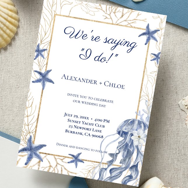 Convite Casamento à Beira-Mar Azul Naval Dourado (Coastal Wedding Navy Blue Gold Invitation)