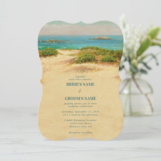 Convite Casamento à Beira-Mar com Aquarela (Em pé/Frente)