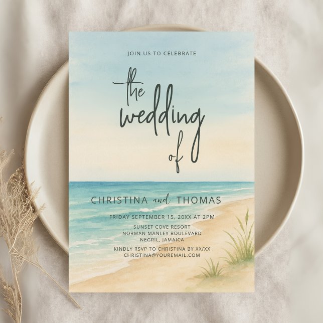 Convite Casamento à Beira-Mar com Aquarela (Criador carregado)