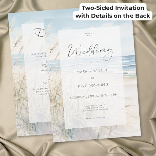 Convite Casamento à Beira-Mar com Aquarela Moderna em Duas