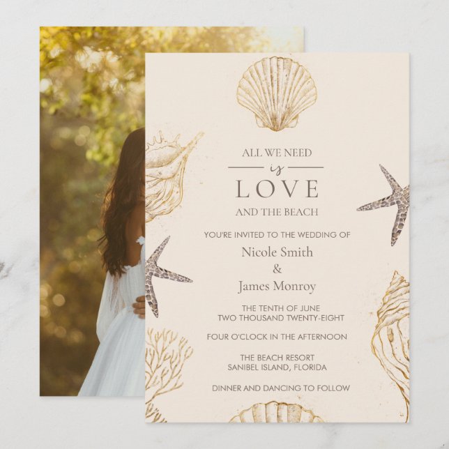 Convite Casamento à Beira-Mar com Concha Costeira Amor  (Frente/Verso)