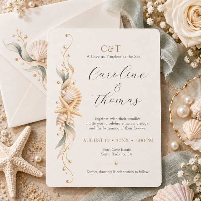 Convite Casamento à Beira-Mar com Estrelas-do-Mar e Concha (Criador carregado)