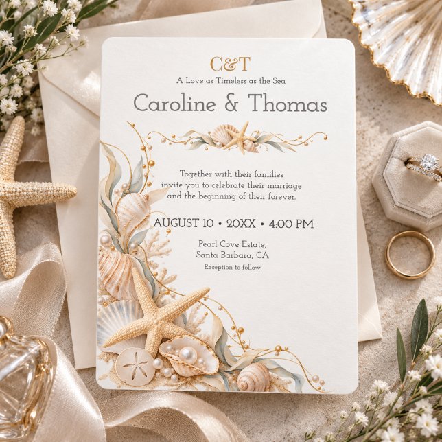 Convite Casamento à Beira-Mar com Estrelas-do-Mar e Concha (Criador carregado)
