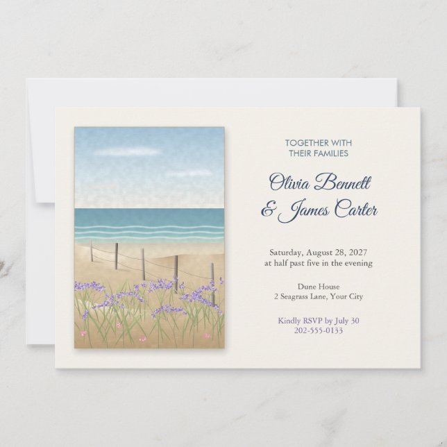 Convite Casamento à Beira-Mar com Lavanda do Mar e Grama d (Frente)