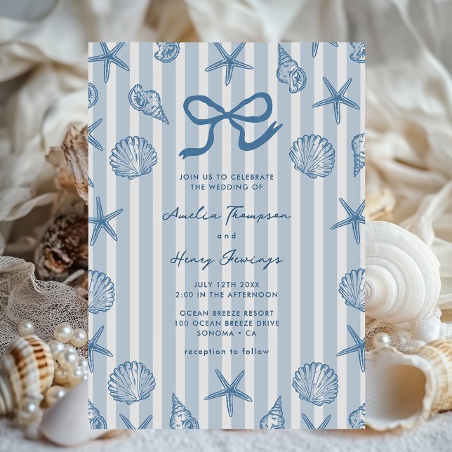 Convite Casamento à Beira-Mar com Listras Azuis de Conchas (Criador carregado)