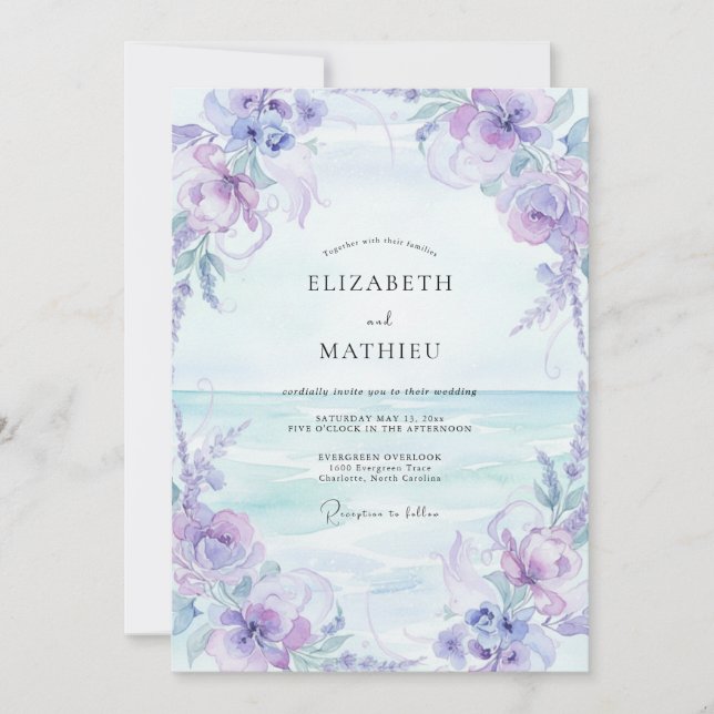 Convite Casamento à Beira-Mar Pintado de Lilás (Frente)