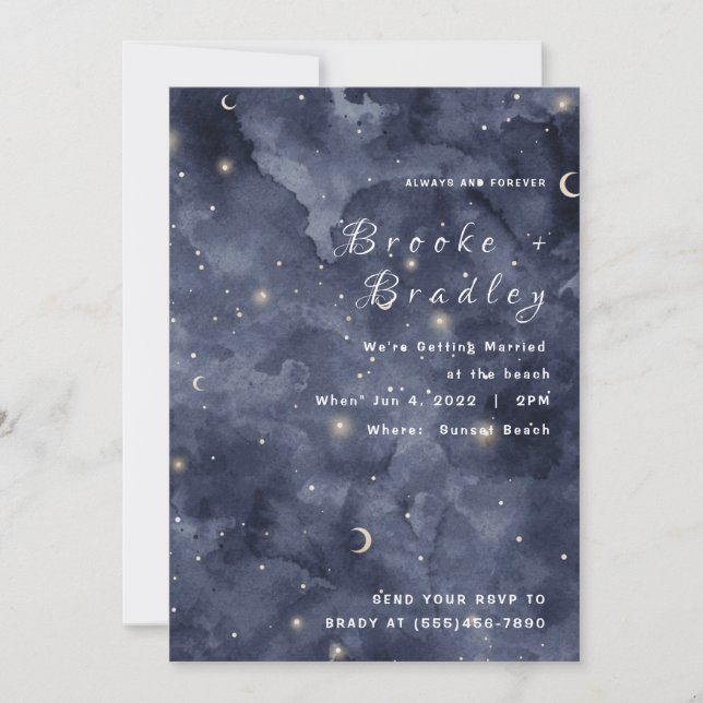 Convite Casamento à Meia-Noite com Aquarela de Lua e Estre (Frente)