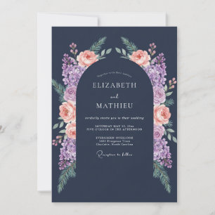 Convite Casamento à Meia-Noite com Flor de Pêssego Marinho