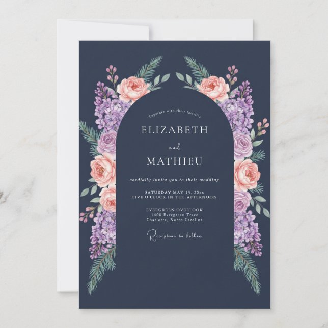 Convite Casamento à Meia-Noite com Flor de Pêssego Marinho (Frente)