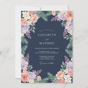 Convite Casamento à Meia-Noite Rosa Pinheiro Azul-Marinho