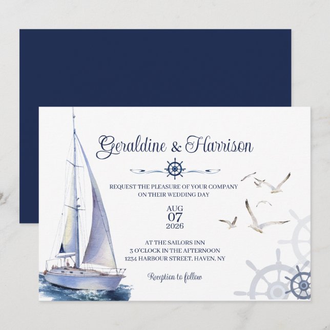 Convite Casamento à vela náutica elegante (Frente/Verso)