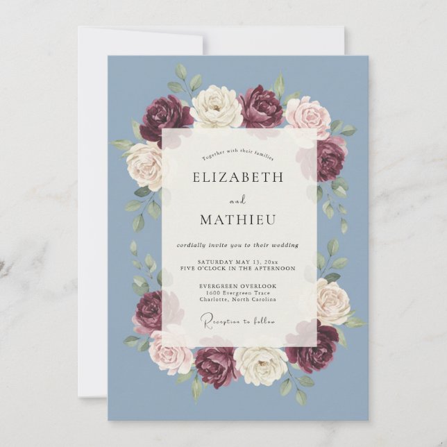 Convite Casamento Abraço de Pétala Azul Ardesia (Frente)
