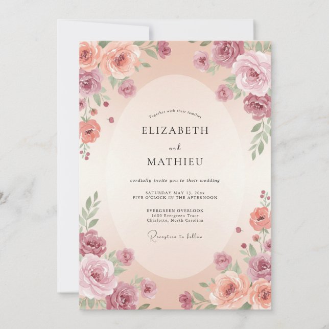 Convite Casamento Abraço Floral Malva Pêssego (Frente)