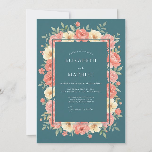 Convite Casamento Abraço Floral Turquesa (Frente)