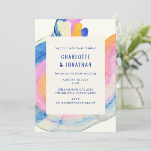 Convite Casamento Abstrato Artístico em Aquarela Azul e Am