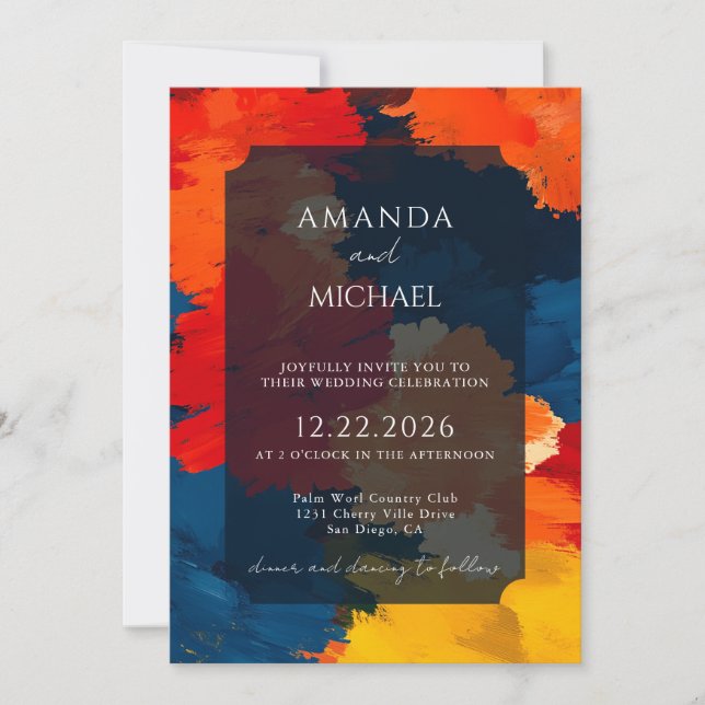 Convite Casamento Abstrato Artístico Moderno com Pincelada (Frente)