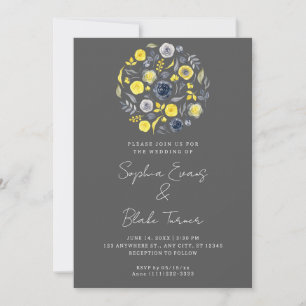 Convite Casamento abstrato Buquê Amarelo e Azul