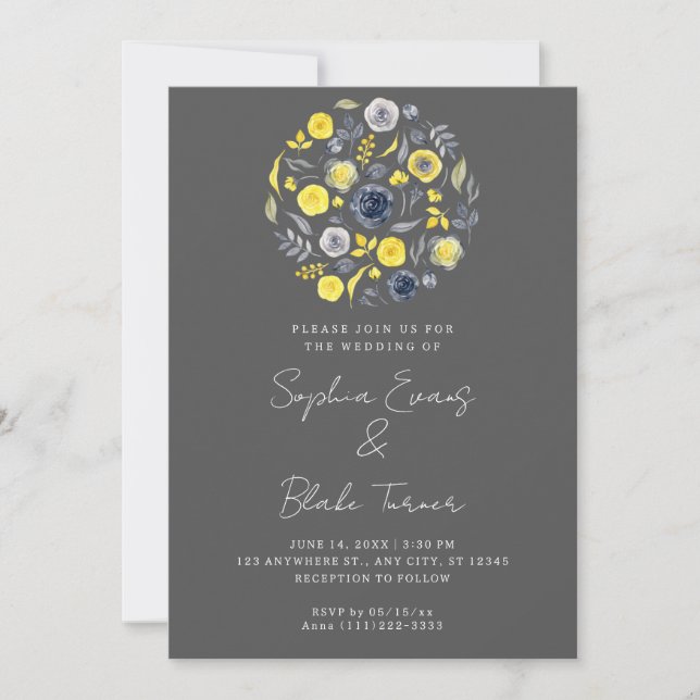 Convite Casamento abstrato Buquê Amarelo e Azul (Frente)