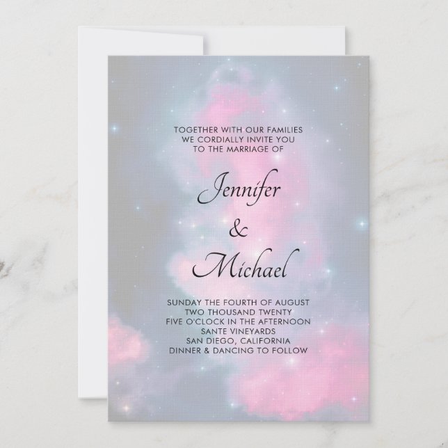 Convite Casamento Abstrato Elegante em Rosa e Azul com Est (Frente)