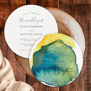 Convite Casamento Abstrato em Aquarela Azul Amarelo Boho