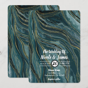 Convite Casamento Abstrato em Aquarela Azul Turquesa Doura