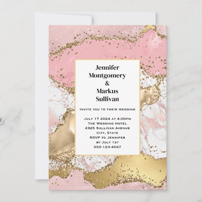 Convite Casamento Abstrato em Mármore Rosa Dourado (Frente)