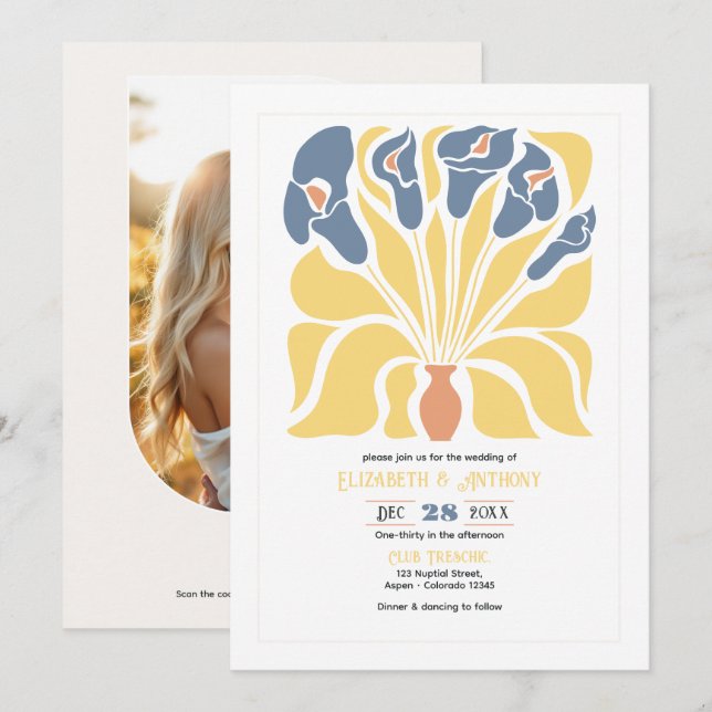 Convite Casamento Abstrato Floral Boho de Limão e Denim (Frente/Verso)