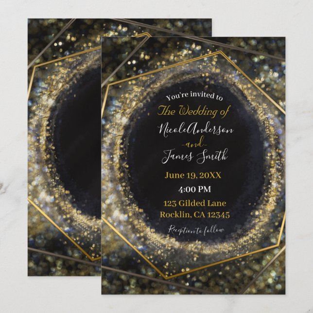 Convite Casamento Abstrato Glamouroso Iridescente Dourado  (Frente/Verso)