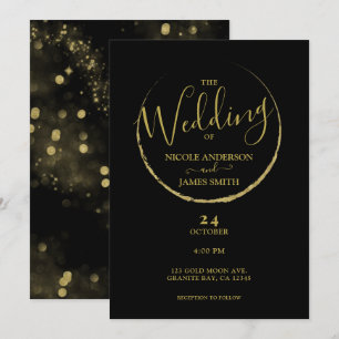 Convite Casamento Abstrato Lua Nova Brilho Preto e Dourado