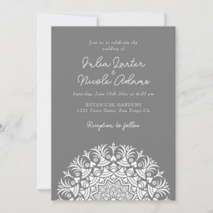 Convite Casamento Abstrato Mandala Cinza Fumê Prateado Emp