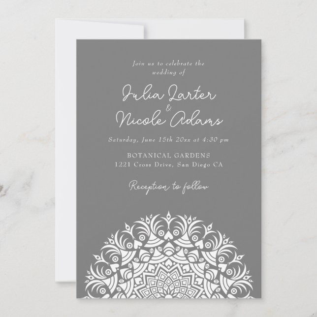 Convite Casamento Abstrato Mandala em Cinza Fumê Prateado  (Frente)