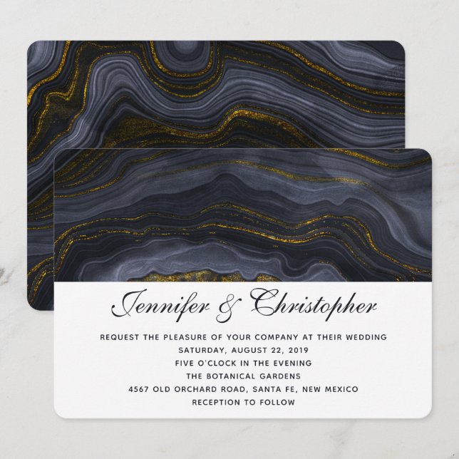 Convite Casamento Abstrato Moderno em Ouro Preto e Ágata A (Frente/Verso)