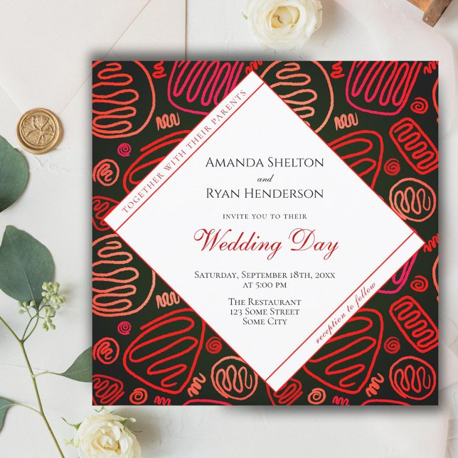 Convite Casamento Abstrato Moderno em Preto e Vermelho com (Criador carregado)