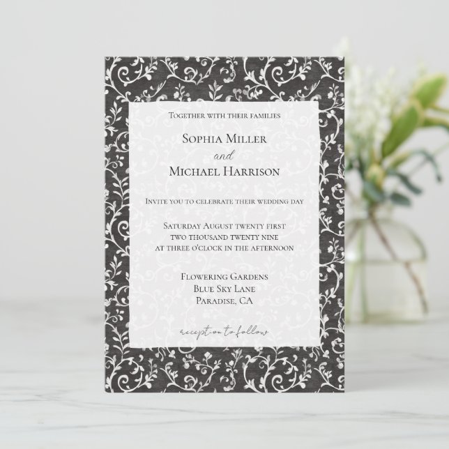 Convite Casamento Abstrato Preto Branco Elegante (Em pé/Frente)