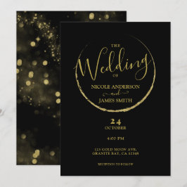 Convite Casamento Abstrato Preto e Dourado Nova Lua Brilho